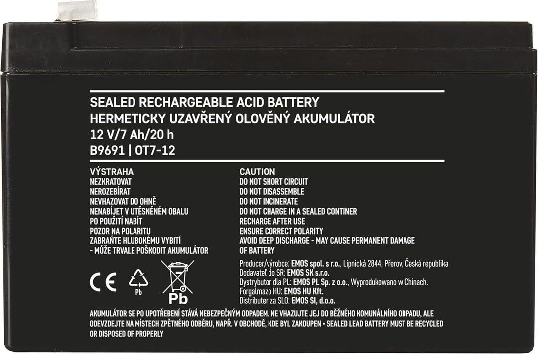 EMOS - Wartungsfreier Bleiakku - 12V 7Ah - AGM Batterie - Faston 4,7mm Anschluss - Für Gefahrmeldean