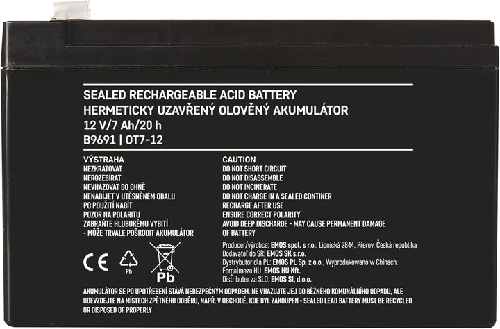 EMOS - Wartungsfreier Bleiakku - 12V 7Ah - AGM Batterie - Faston 4,7mm Anschluss - Für Gefahrmeldean