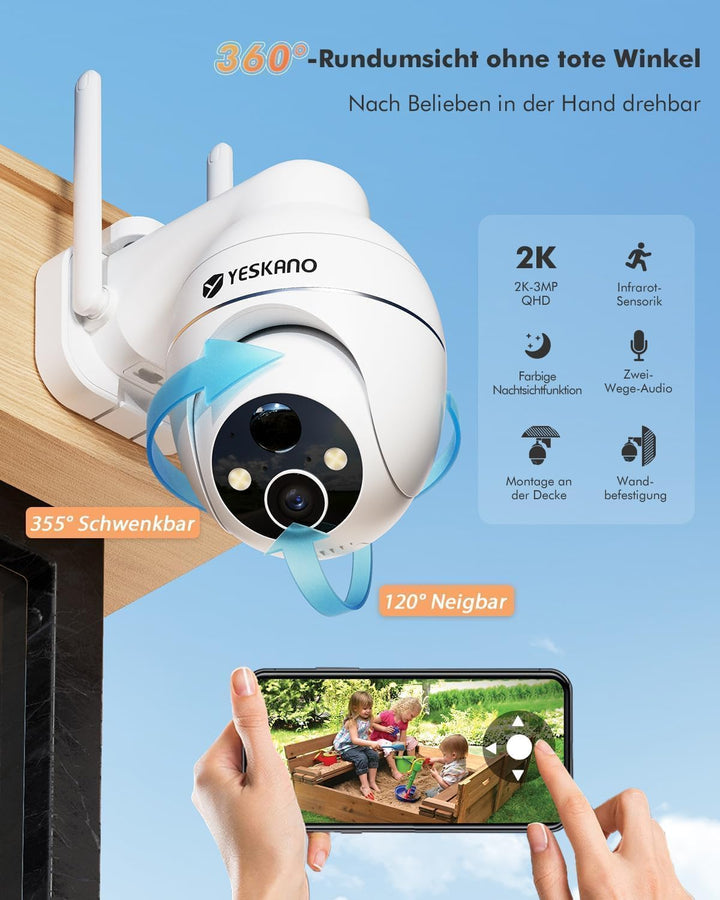 YESKANO 2K Überwachungskamera, WLAN, für den Aussenbereich, kabellos, Solarpanel, 360 °, PTZ, Kamera