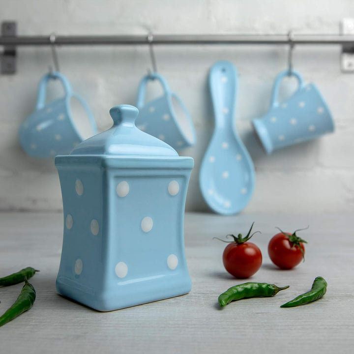 City to Cottage® - Keramik Behälter Küche 150 ml | Hellblau und Weiss | Polka Dots | Handgemacht | B