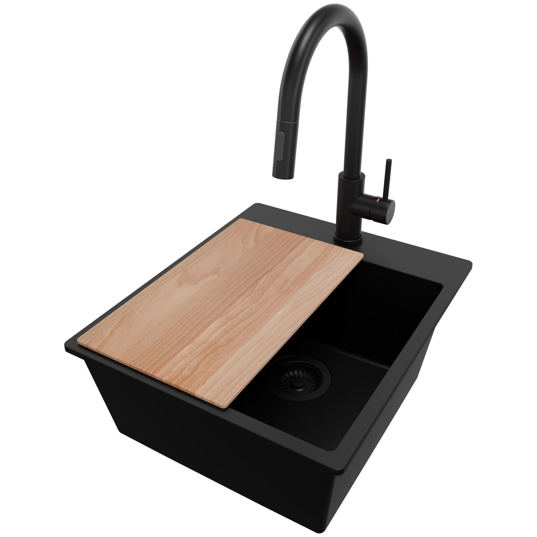 PRIMAGRAN Granitspüle Alles Schwarz 43x50cm, Spülbecken 1 Becken + Küchenarmatur 40x20cm + Zuberhor-