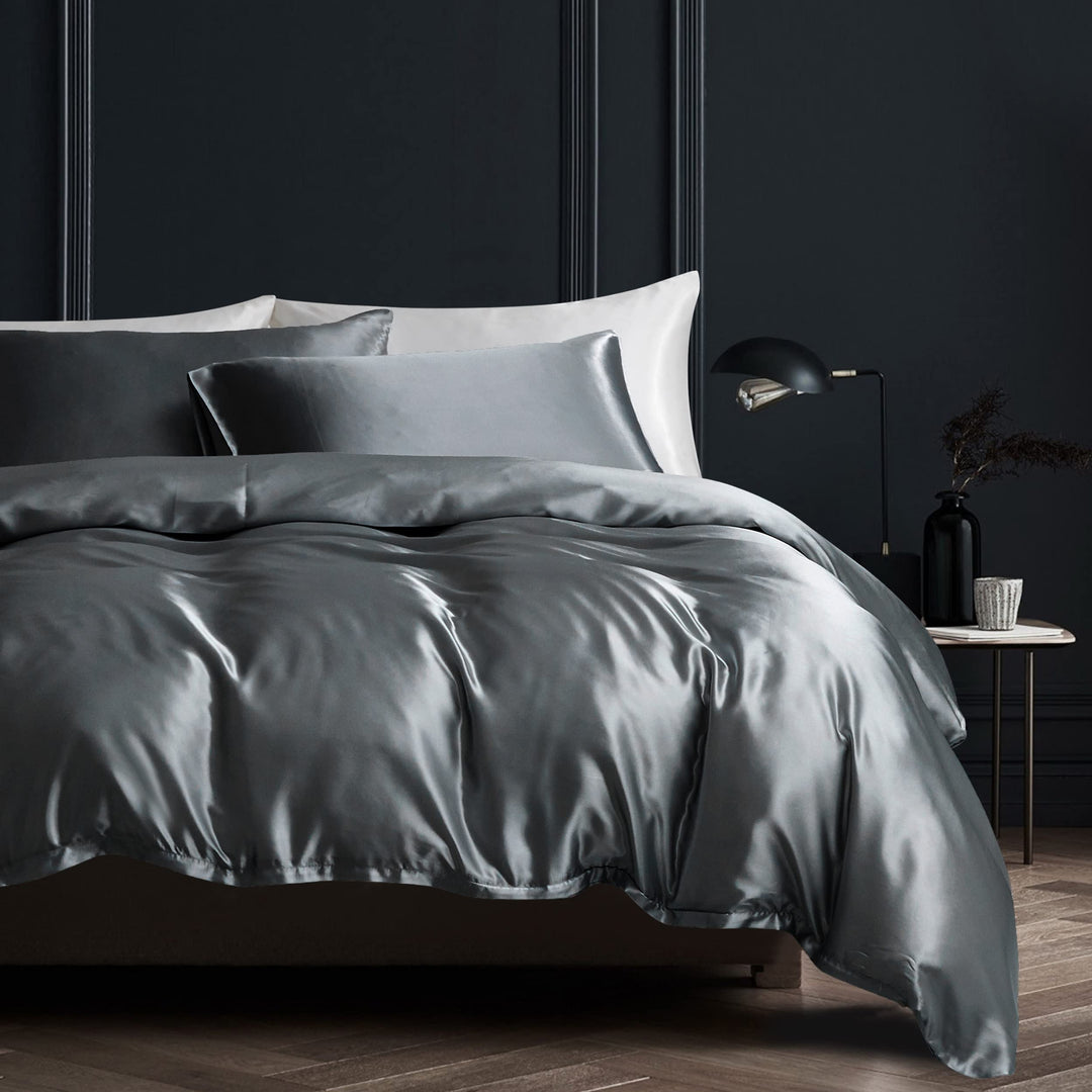 Damier Satin Bettwäsche 220x240cm Dunkelgrau Anthrazit Glänzend Seide Bettwäsche Set 3 Teilig Hochwe