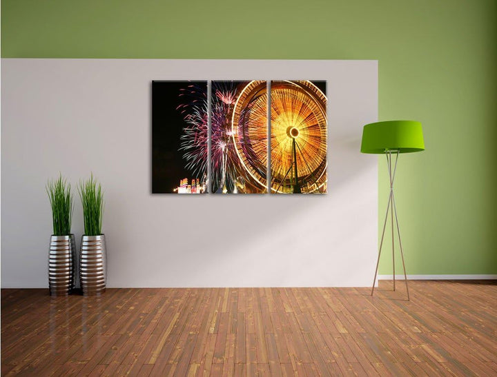 Pixxprint Jahrmarkt mit Feuerwerk als Leinwandbild/Grösse: 3 Teilig (120x80) cm/Wandbild/Kunstdruck/