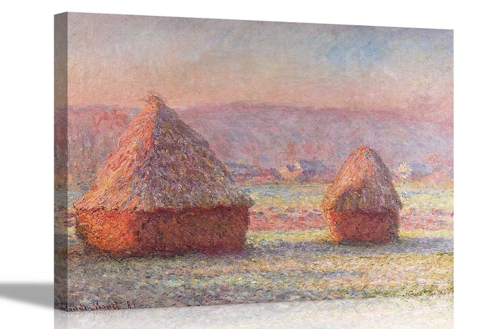 Claude Monet Leinwanddruck, Motiv Grainstacks, weisser Frost-Effekt, gespannt, gerahmt, Wandkunst, P