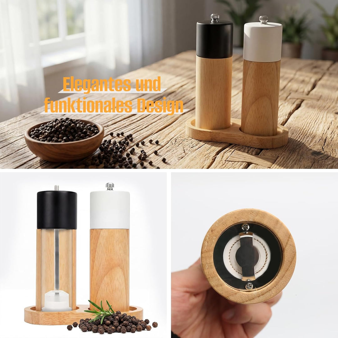 Salz Pfeffermühle Set, Gewürzmühlen-Set Mit Untersetzer, Salz Und Pfeffermühle 3er Set Aus Holz, Ker