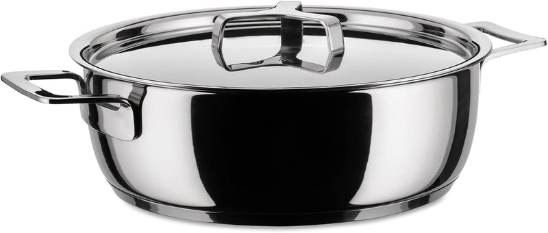 Alessi "POTS & PANS" Flache Kasserolle mit zwei Griffen aus Edelstahl, 24 cm, 24 cm