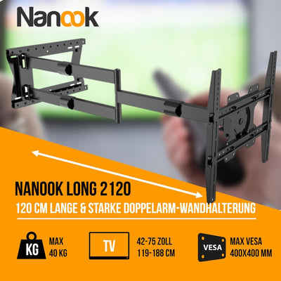 Nanook 2120 Langarm-TV-Wandhalterung für 42-75-Zoll-Fernseher, Extra langer Auszug bis zu 120 cm, St