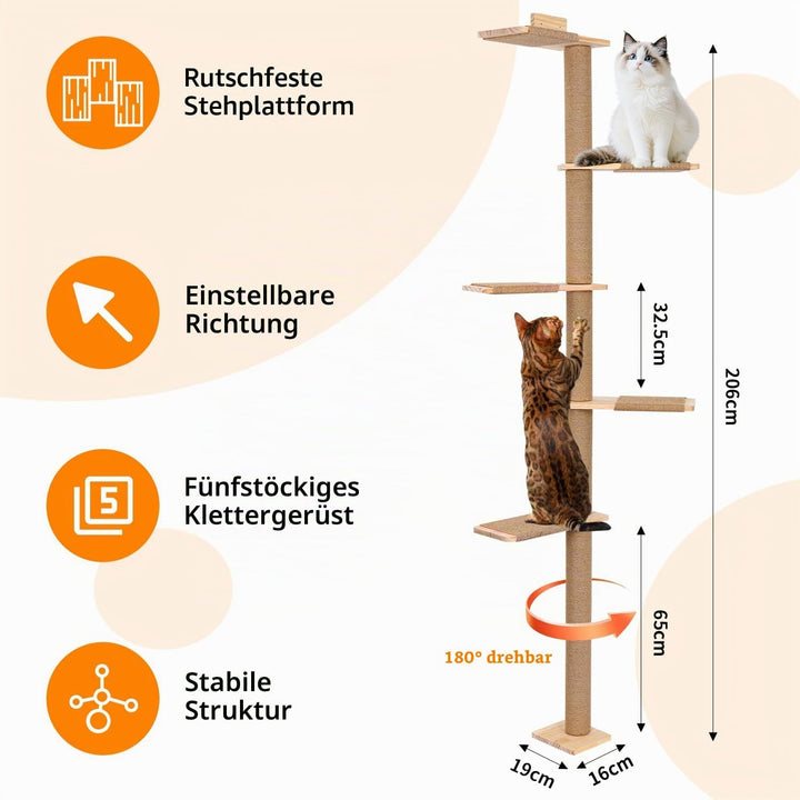 Kratzbaum Gross 205cm Kletterwand Katzen, höhenverstellbar, 5 Etagen Katzenturm mit Sisalauflage aus