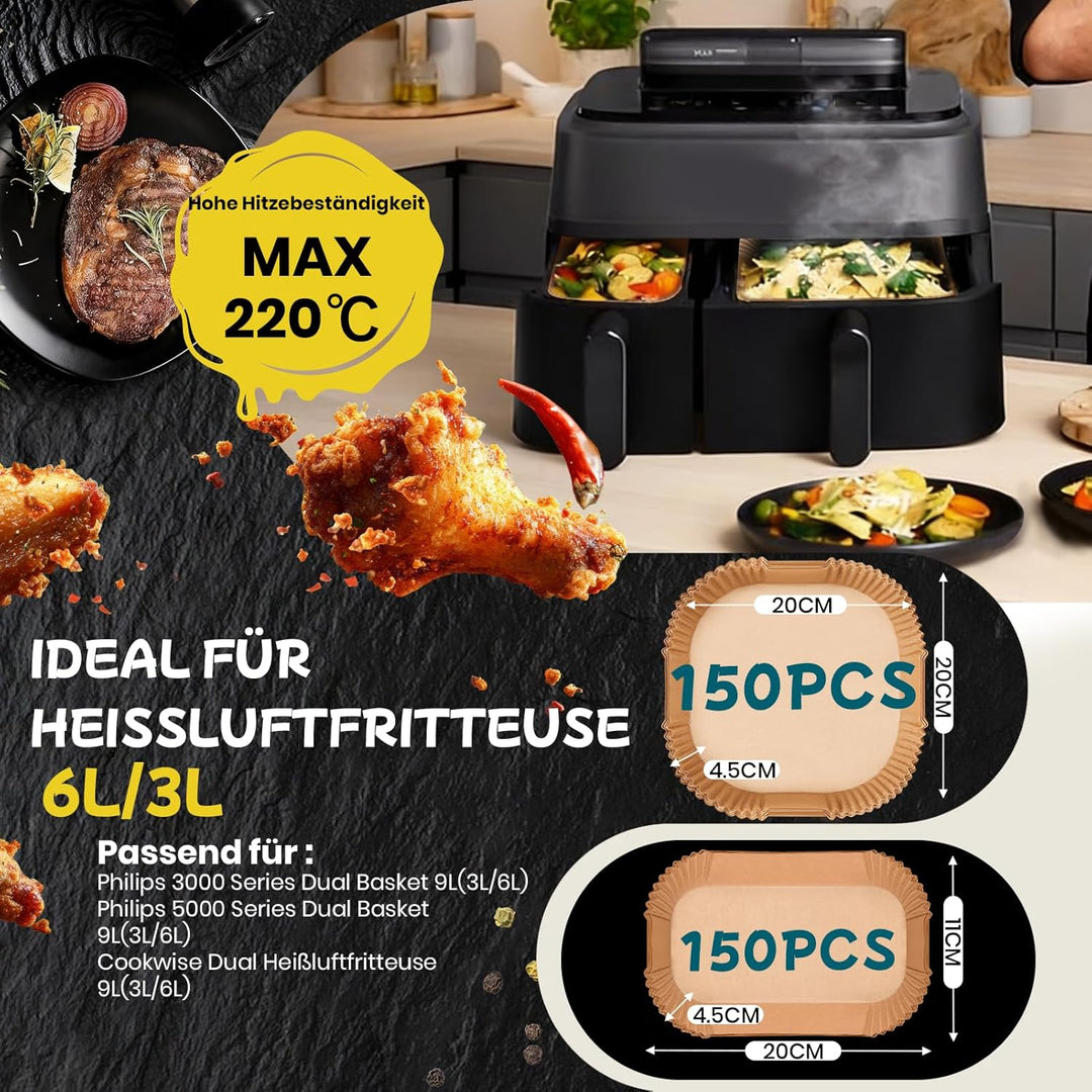 300 Stück Airfryer Backpapier für Philips Dual Basket Airfryer 3000 Series 9L(6L/3L), 5000 Series 9L