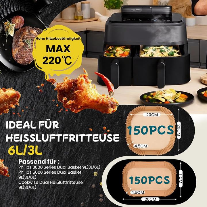 300 Stück Airfryer Backpapier für Philips Dual Basket Airfryer 3000 Series 9L(6L/3L), 5000 Series 9L