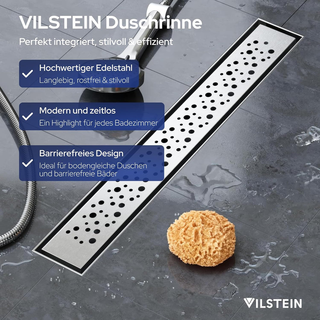 VILSTEIN Duschrinne 40cm, Edelstahl Bodenablauf Komplettset, extra flach, Siphon mit Geruchsstop, Ha