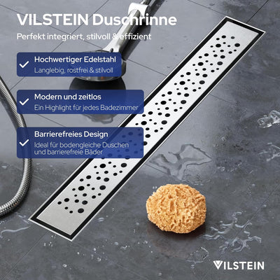 VILSTEIN Duschrinne 70cm, Edelstahl Bodenablauf Komplettset, extra flach, Siphon mit Geruchsstop, Ha