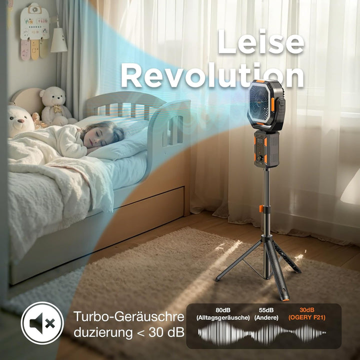 OGERY F21 Camping Ventilator mit Ständer, 20000mAh Wiederaufladbarer Akku, LED-Laterne, Leistungssta