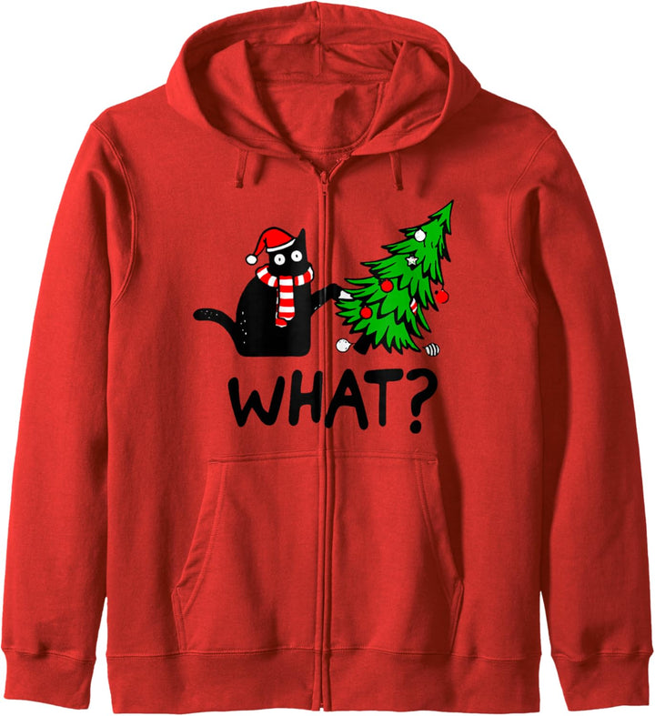 Funny Black Cat Gift Pushing Christmas Tree Over Cat What? Kapuzenjacke