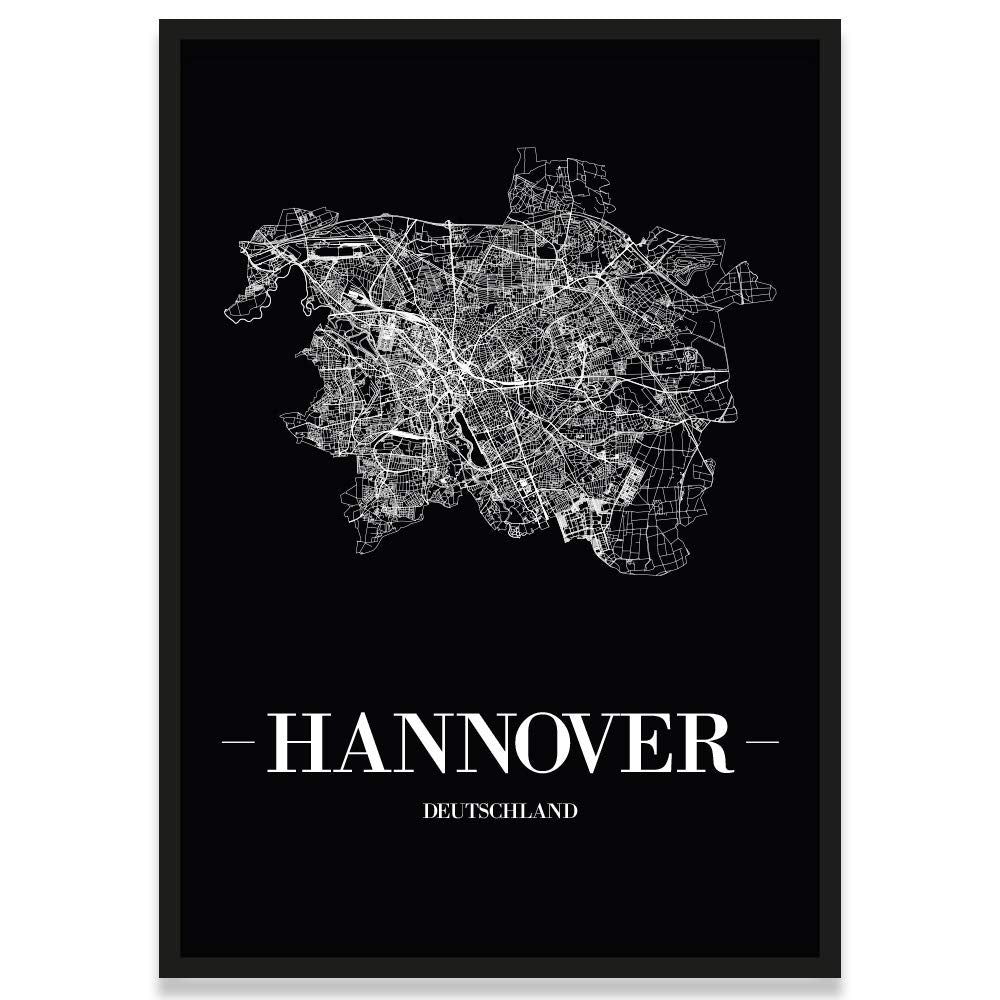 JUNIWORDS Stadtposter, Hannover, Wähle eine Grösse, 30 x 40 cm, Poster mit Rahmen, Schrift A, Schwar