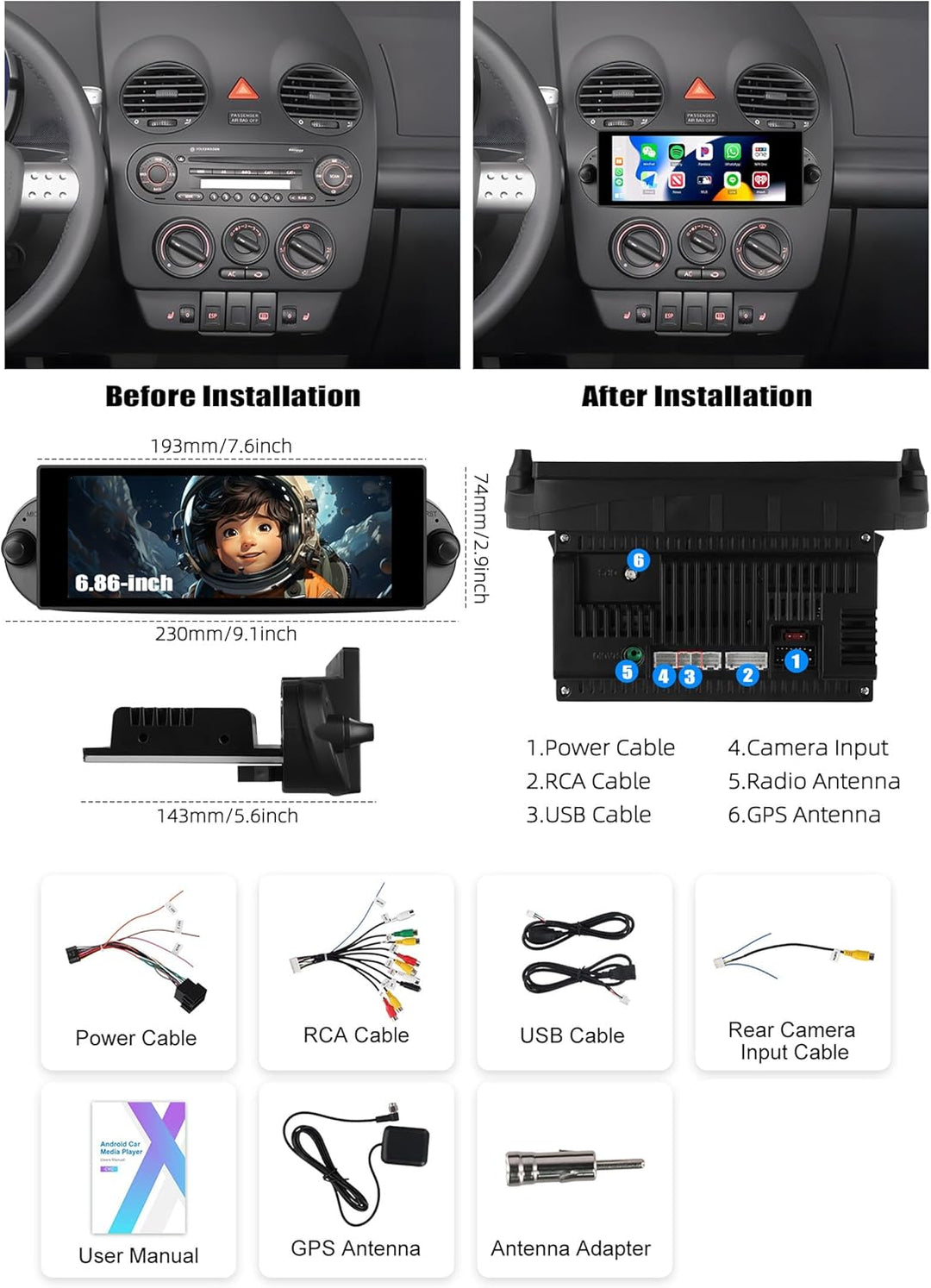 2+64GB CAMECHO Android 13 Autoradio mit Navi für VW Beetle 2004-2010 mit Carplay Android Auto, Doppe