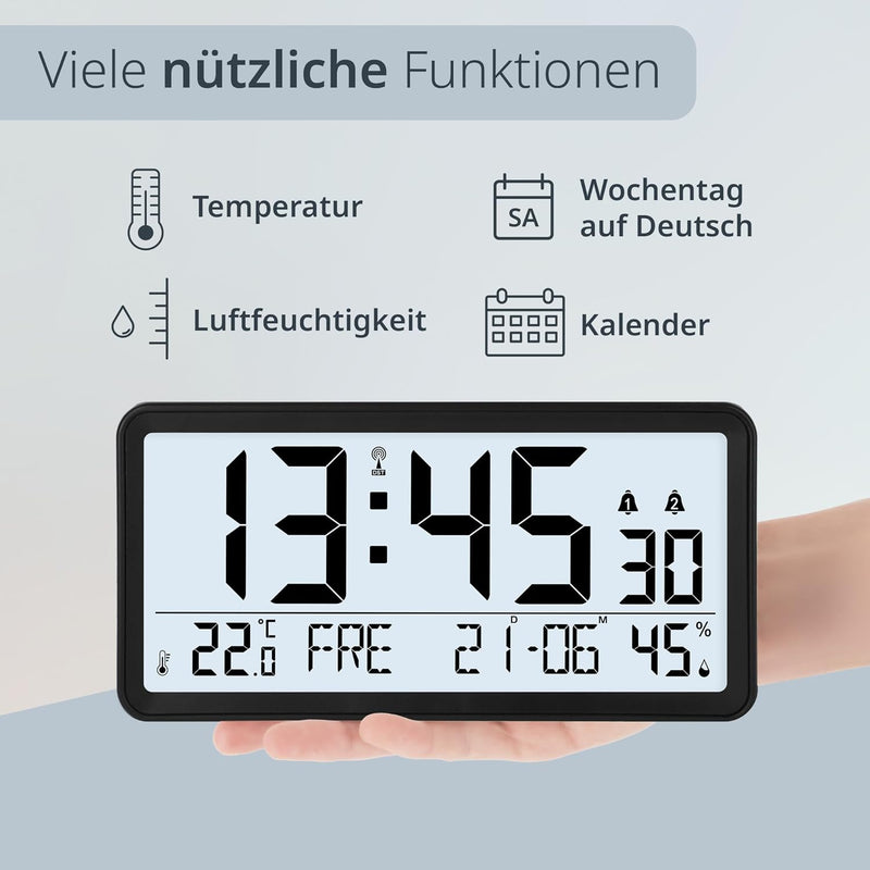 ADE Digitaler Funkwecker mit XXL-Ziffern | Tischuhr und Funkwecker mit Kalenderfunktion | mit Temper