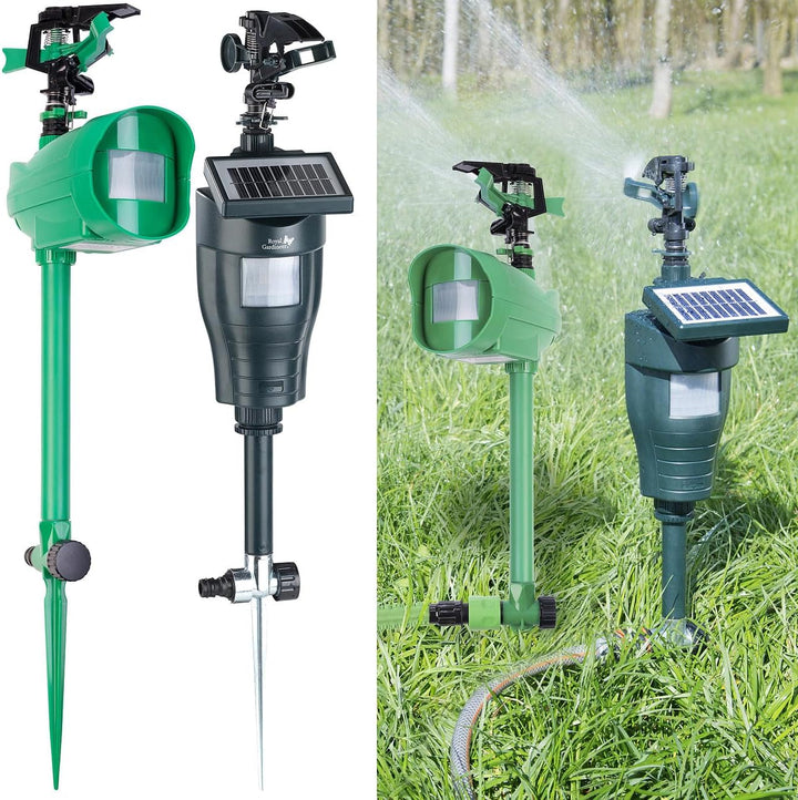 Royal Gardineer Katzenvertreiber Wasser: Wasserstrahl-Tierschreck mit PIR-Sensor, Batterie & Solar (