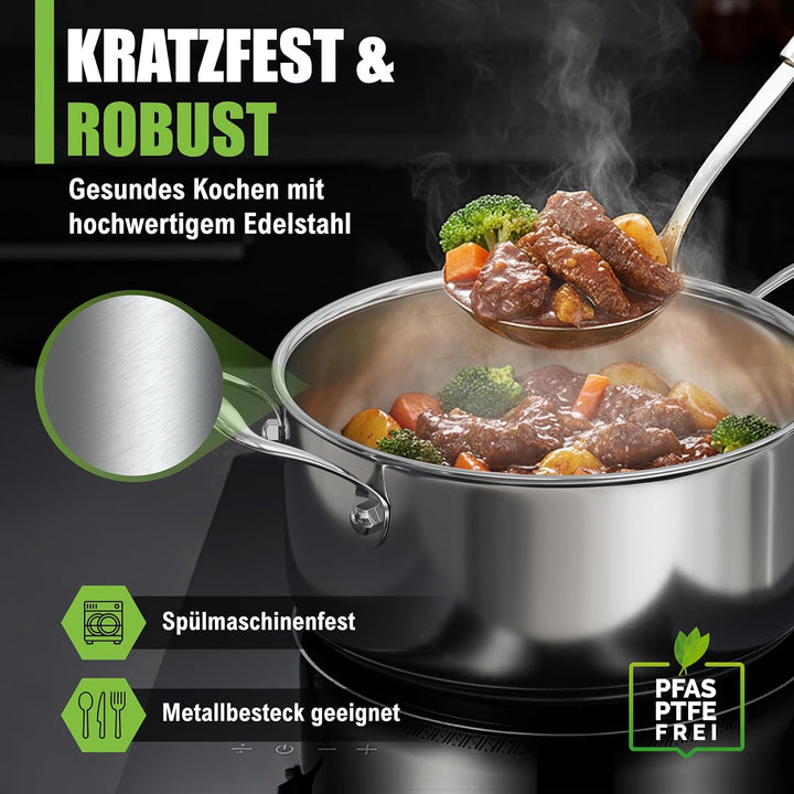 MORLEOS Suppentopf mit modernem, flachem Glasdeckel, 3 Liter Edelstahltopf Ø 20x10 cm - Induktion sp