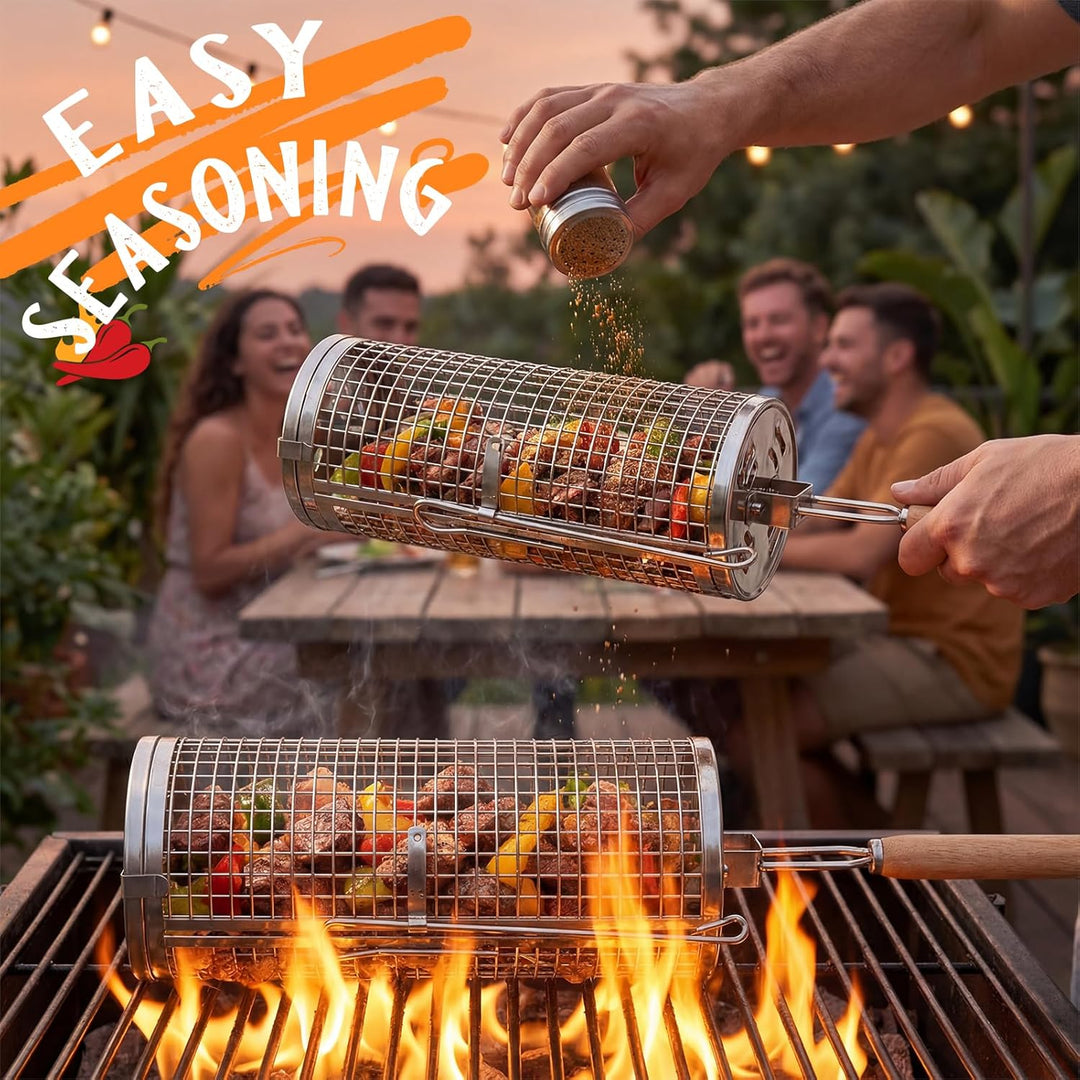 Rollender Grillkorb 2er Set,Nestbar Rollgrillkorb Abnehmbarem Holzgriff Doppelte Öffnung Edelstahl 3