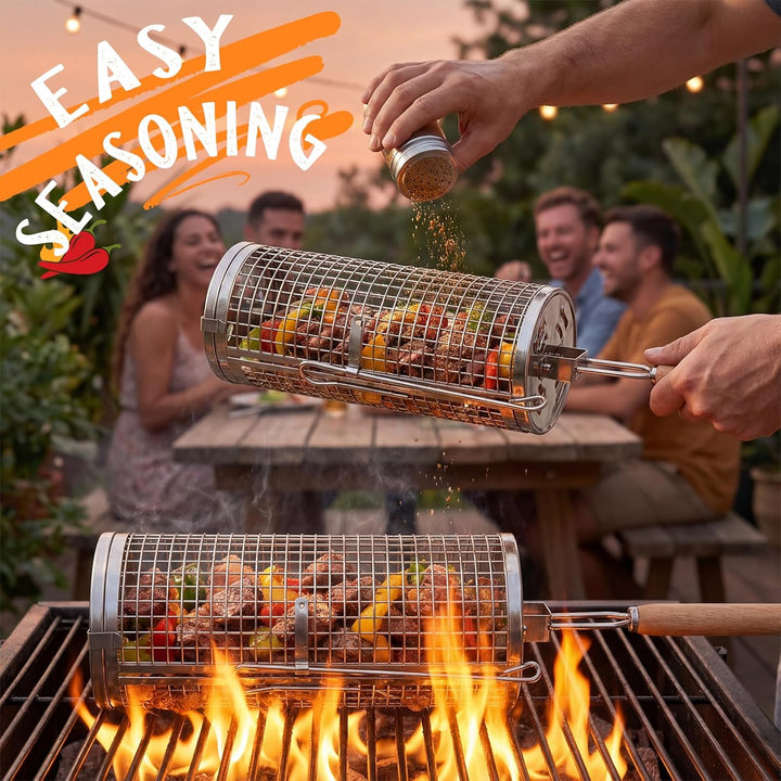 Rollender Grillkorb 2er Set,Nestbar Rollgrillkorb Abnehmbarem Holzgriff Doppelte Öffnung Edelstahl 3