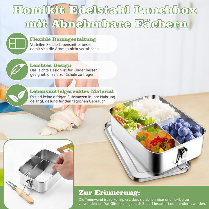 Homikit Brotdose mit Fächern, 2400ml Edelstahl Bento Box Lunchbox für Kinder & Erwachsene, Auslaufsi