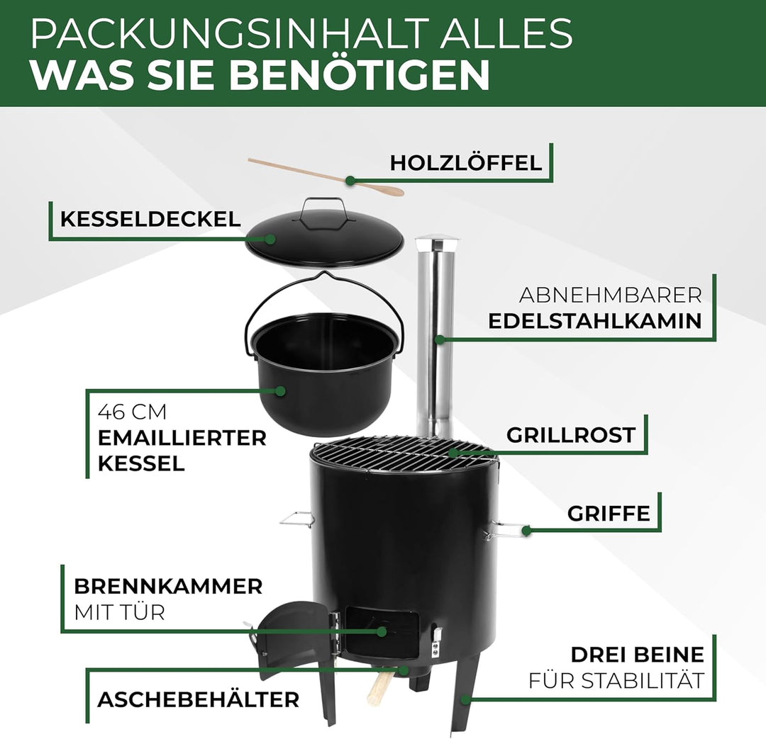 STREND PRO Gulaschkanone 14 Liter Komplett-Set | emaillierter Gulaschkessel Kazan Kasan Gulyas | Out