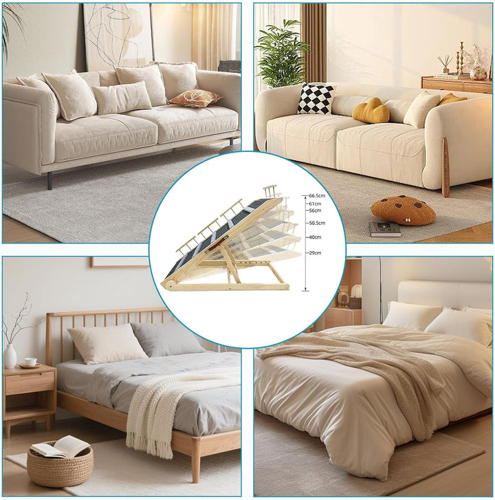 Hunderampe aus Holz, Hundetreppe 6 Stufen Verstellbar 29-66.5cm für Sofa Auto Bett, Treppe für Hunde
