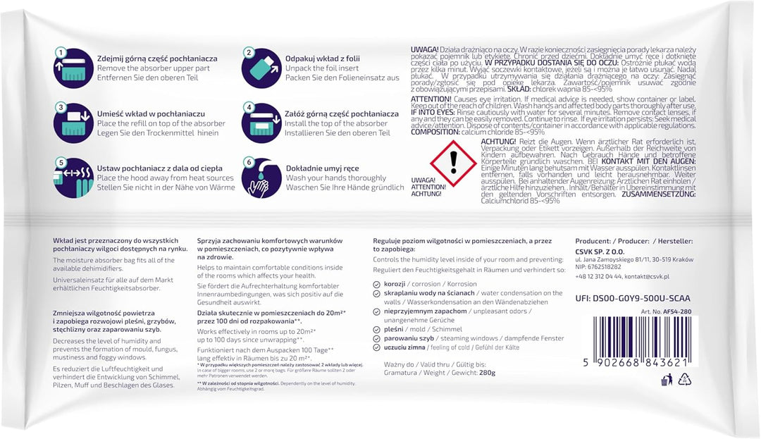 Aquafloow Luftentfeuchter Nachfüllbeutel, Granulat im 280g Nachfüll-Beute, Raum-Entfeuchter, Nachfül