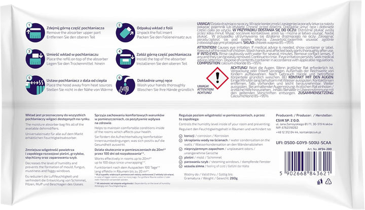 Aquafloow Luftentfeuchter Nachfüllbeutel, Granulat im 280g Nachfüll-Beute, Raum-Entfeuchter, Nachfül