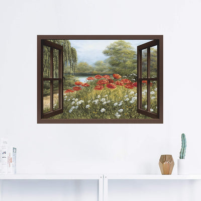 ARTland Wandbild selbstklebend Vinylfolie 100x70 cm Fensterblick Landschaft Blumen Mohnblumen See Bl