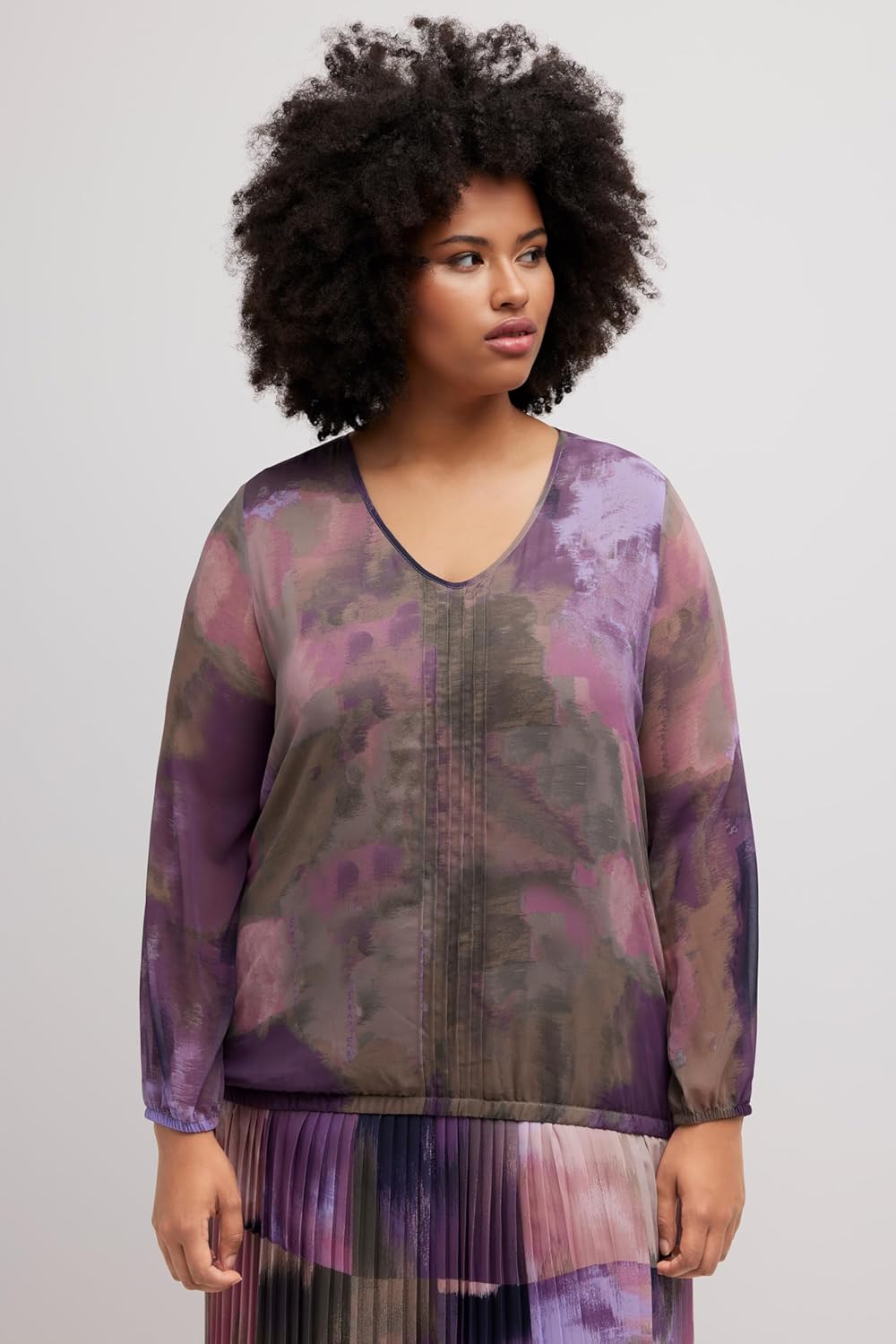 Ulla Popken Damen grosse Grössen Übergrössen Plus Size Bluse, Chiffon, V-Ausschnitt, Gummisaum, Lang