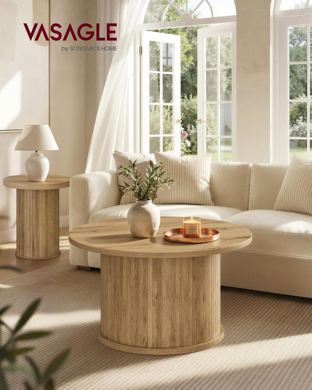 VASAGLE Couchtisch rund, 80 cm Wohnzimmertisch, Tambour-Design | Geschwungene Form, einfache Montage