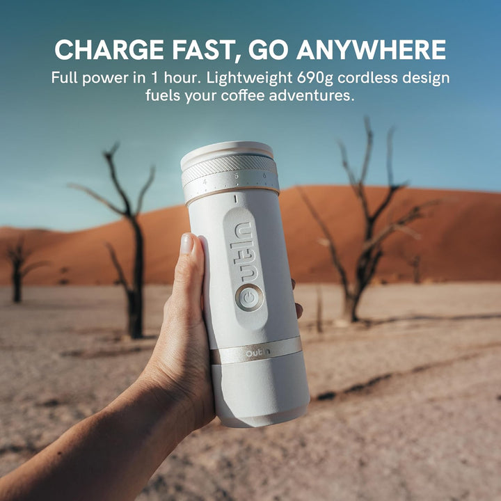 OutIn Fino Tragbare Elektrische Kaffeemühle Kegelmahlwerk - 28 Externe Mahlstufen, 7-Stern-Edelstahl