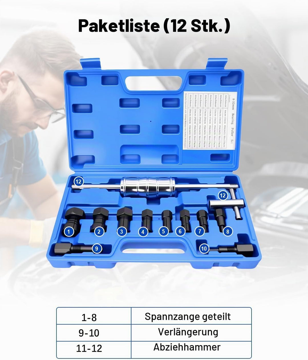 Sackloch Innenlager Abzieher Set, 12-TLG Radlager Abzieher Set mit Gleithammer &amp; Verstellbaren Spann