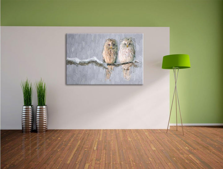 Pixxprint Zwei Eulen in Winterlandschaft Kunst Pinsel Effekt, Format: 100x70 auf Leinwand, 100x70