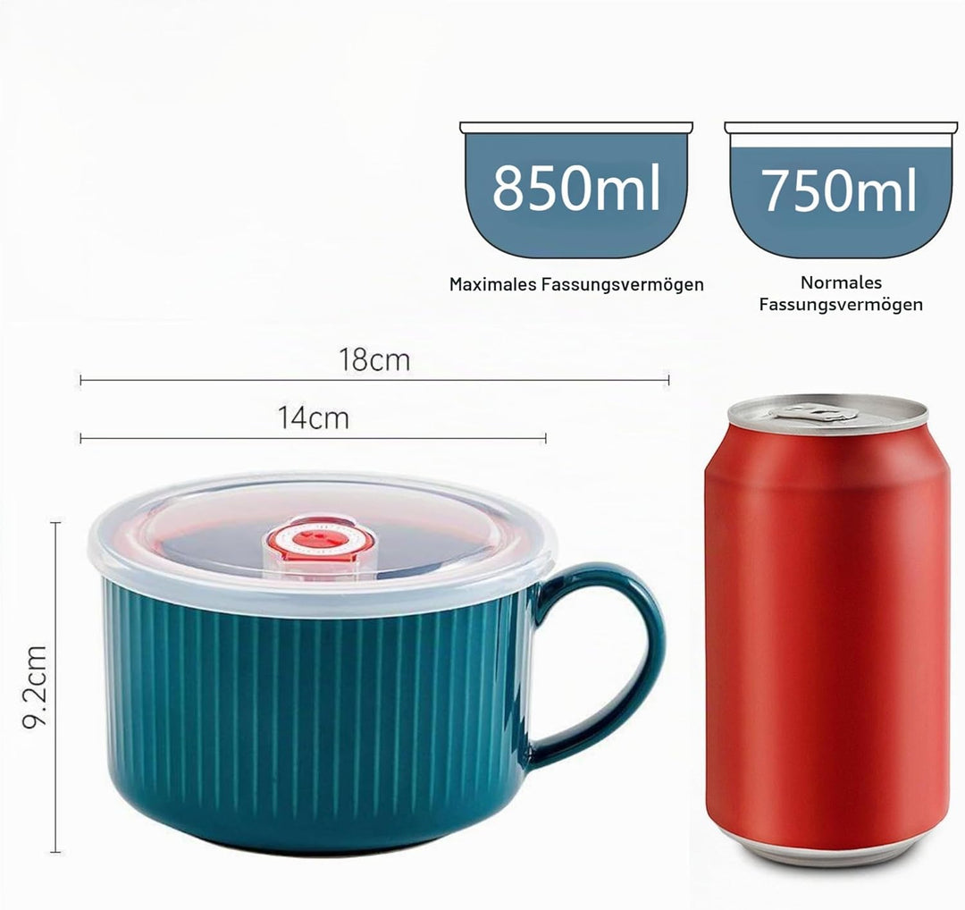 Keramik Suppenschalen mit Griff und Deckel, 750 ml Grosse Suppentasse für Suppe, Instant-Nudel, Müsl
