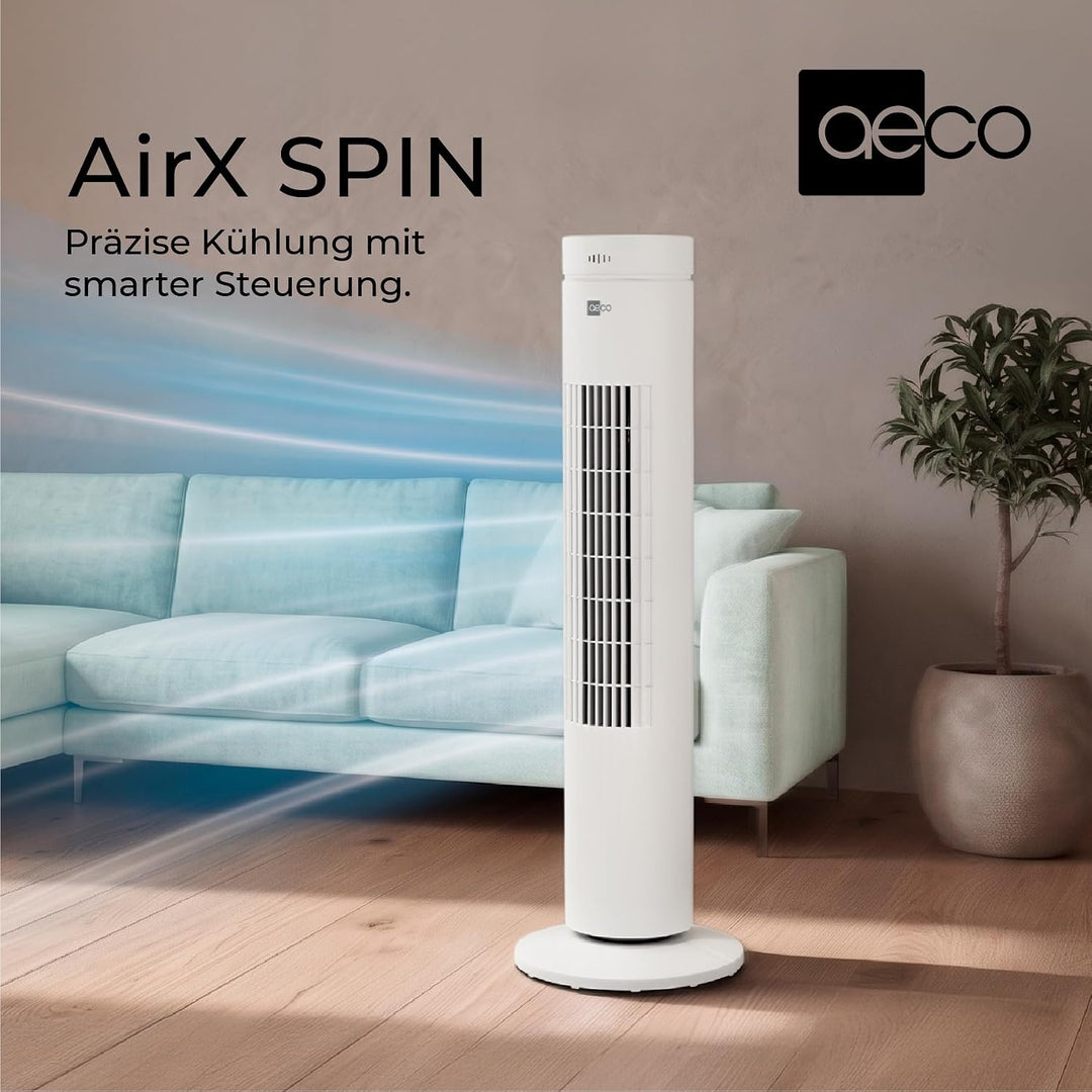 aeco AirX SPIN Turmventilator mit Fernbedienung 3 Geschwindigstufen 7H Timer 35w mobiler Lüfter Oszi