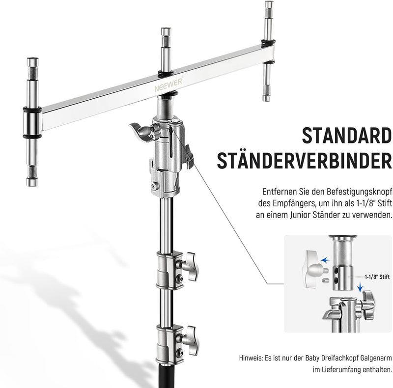 NEEWER klein Galgenarm mit Dreifach Kopf Adapter für C Stand/Lichtstativ, fünf 5/8" Mini Stiften, fü