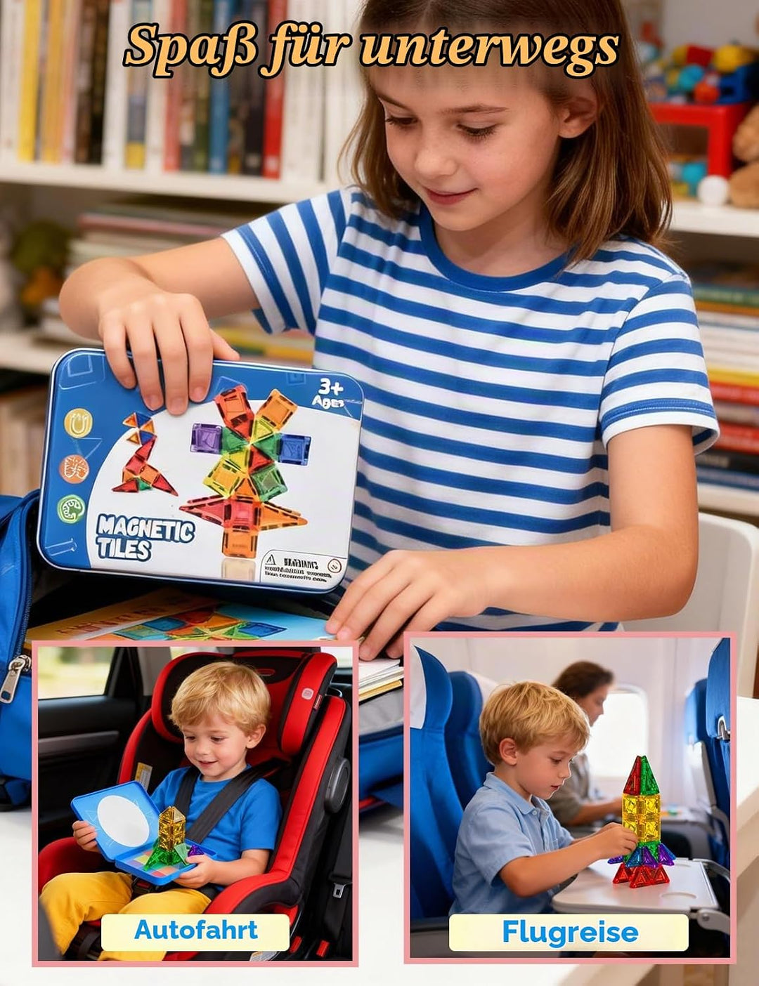 Magnetische Fliesen 42 Stück, Mini Magnetbausteine ReiseSet, Magnetbausteine für Kinder Kreatives Sp