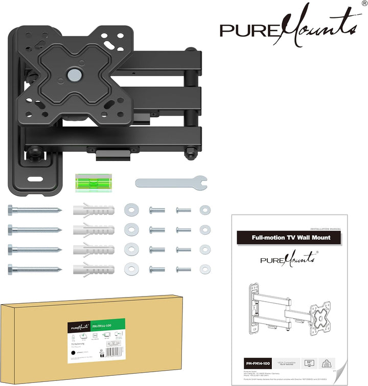 PureMounts TV Monitor Wandhalterung, neigbare und schwenkbare Universal Halterung mit Gelenk-Arm, ma