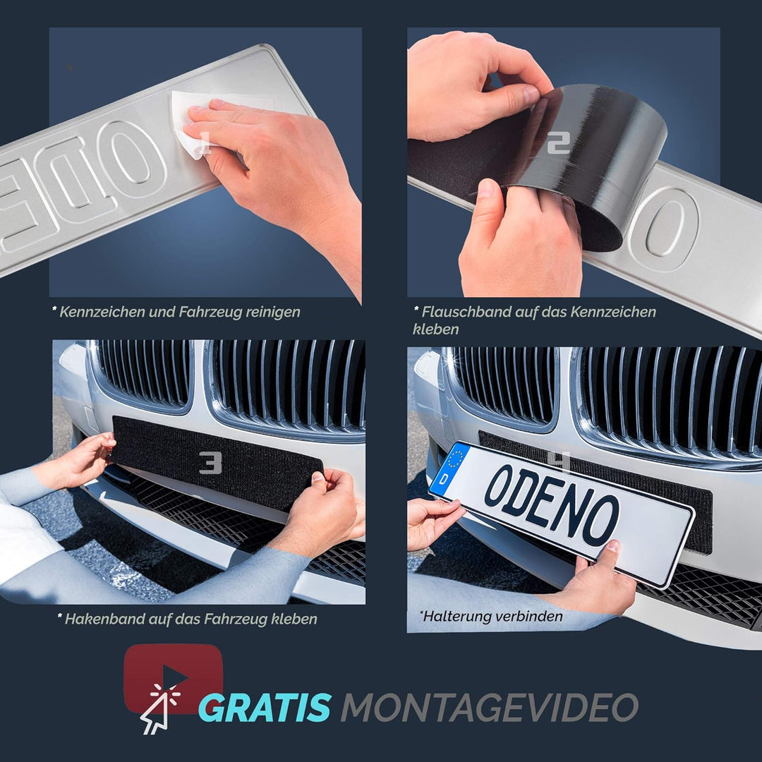 DAS ORIGINAL - ODENO® Klett Kennzeichenhalter-Set Rahmenlos selbstklebend - Nummernschildhalterung f