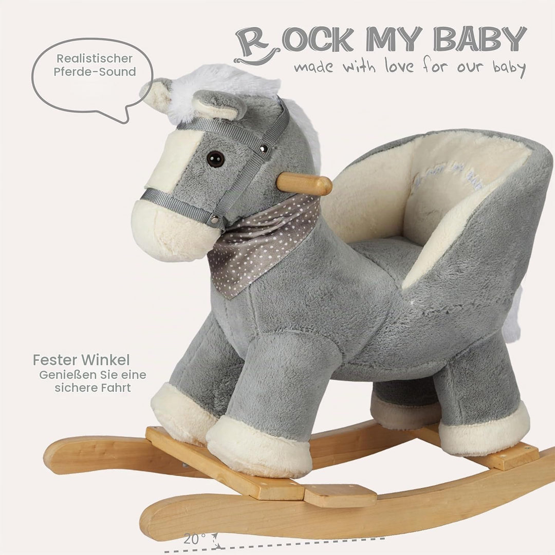 Plüsch Rocking Horse - weicher gefüllter Körper, Sicherheitssitz Stuhl, Holz Rockers, Musikknopf - K