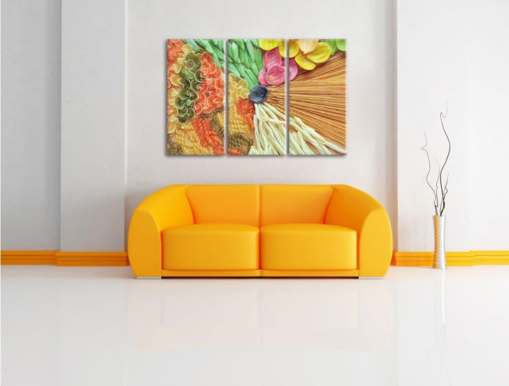 Pixxprint Zusammenstellung von bunten Nudeln / 3-Teilig/Gesamtmass 120cm Leinwandbild bespannt auf H