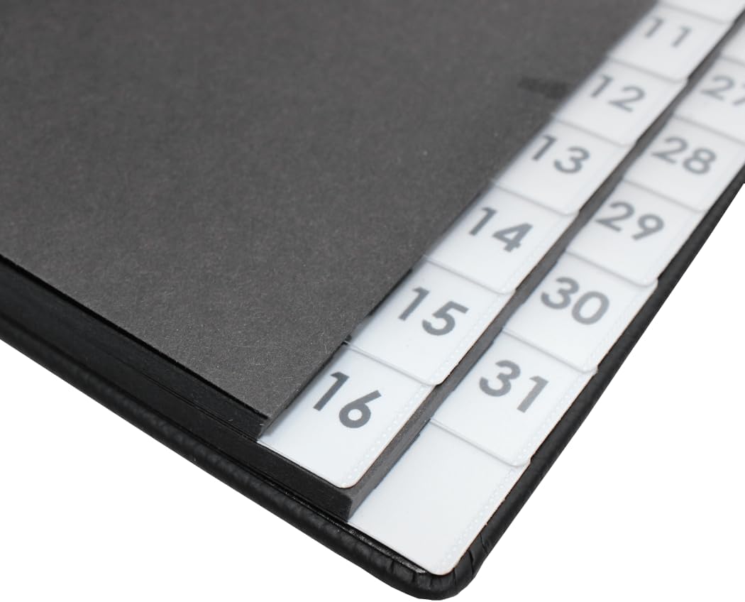 Pultordner mit Register 1-31, genarbtes Vollrindleder in Schwarz, passend für DIN A4, Softcover mit