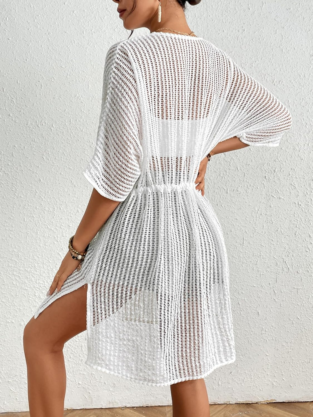Bsubseach Damen Sexy Lace Crochet Open Front Badeanzug Strand Lange Kimono Cover Ups Weiss/Opulenter