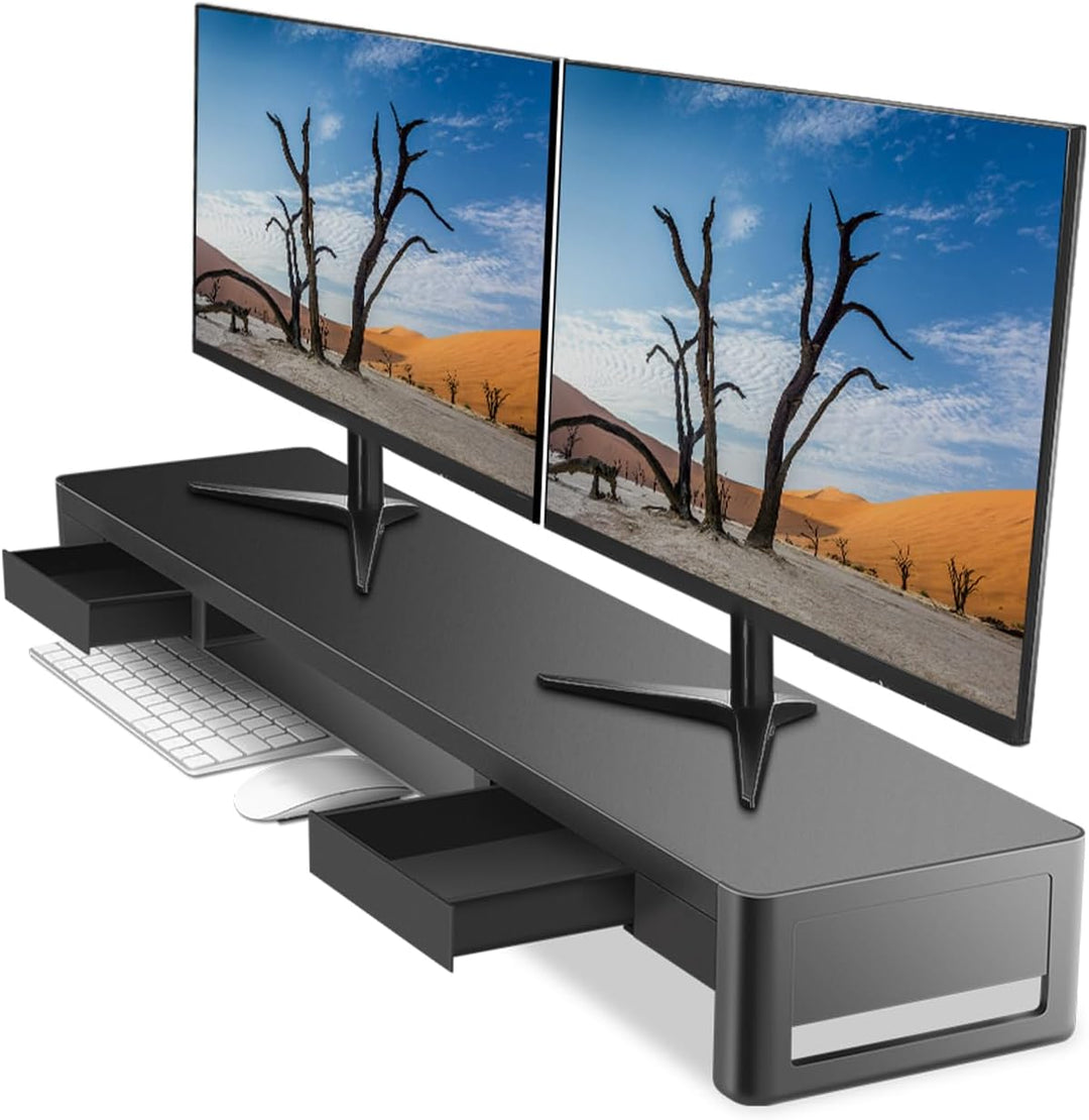 meatanty Monitorständer für zwei Monitore mit 2 Aufbewahrungsschubladen, Computermonitorständer aus