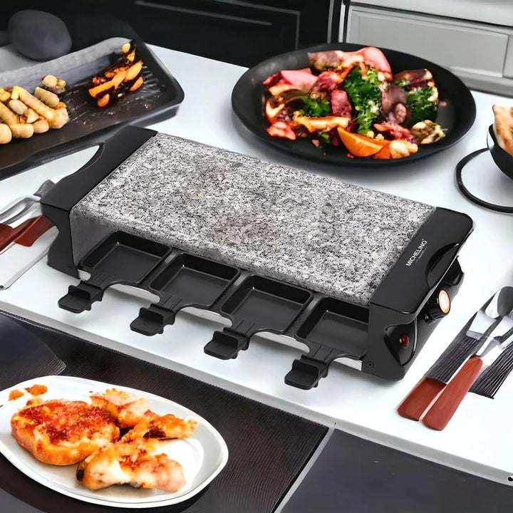Michelino Raclett BBQ-Grill für 8 Personen mit 8 Steinplatte PP-Spateln Tischgrill Grill Platte mit