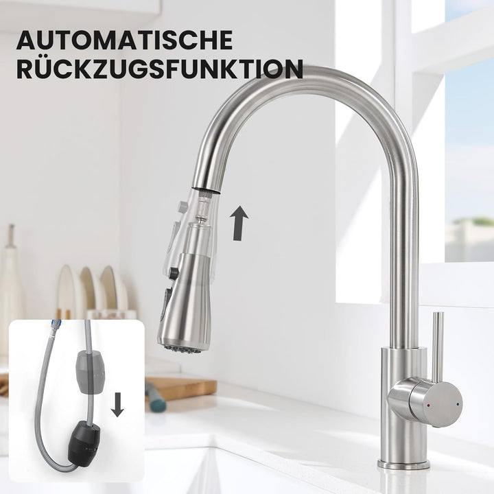 CECIPA Wasserhahn Küche mit 3 Modi, Hochdruck Küchenarmatur mit Brause Ausziehbar, Mischbatterie Küc