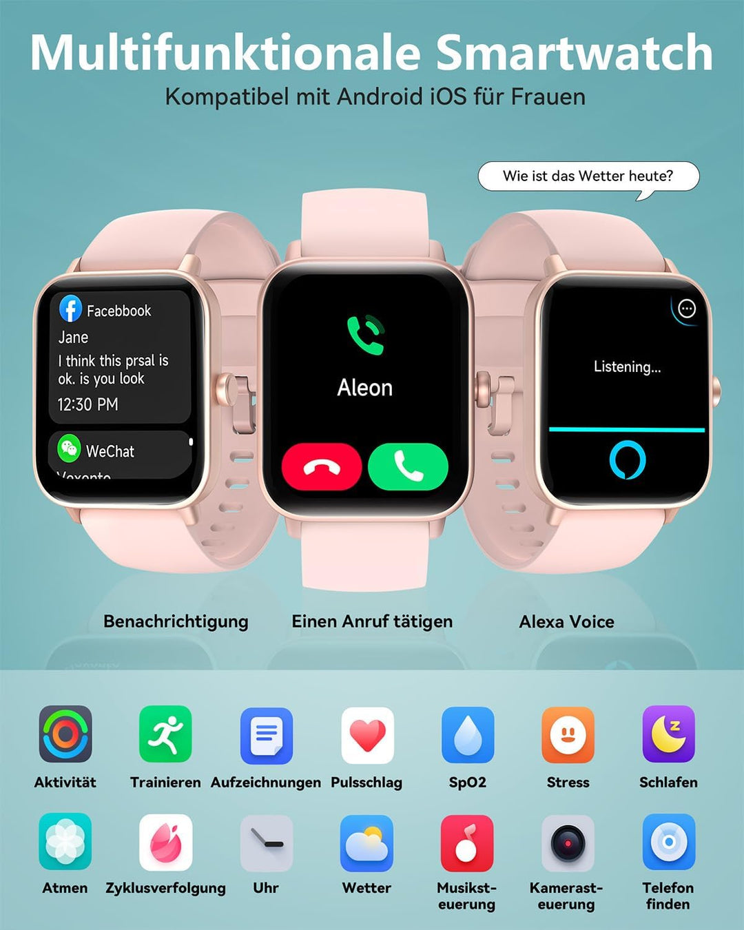 Smartwatch Damen, 1.8" Fitnessuhr Damen mit Telefonfunktion und Alexa Built-in, Herzfrequenz SpO2 St